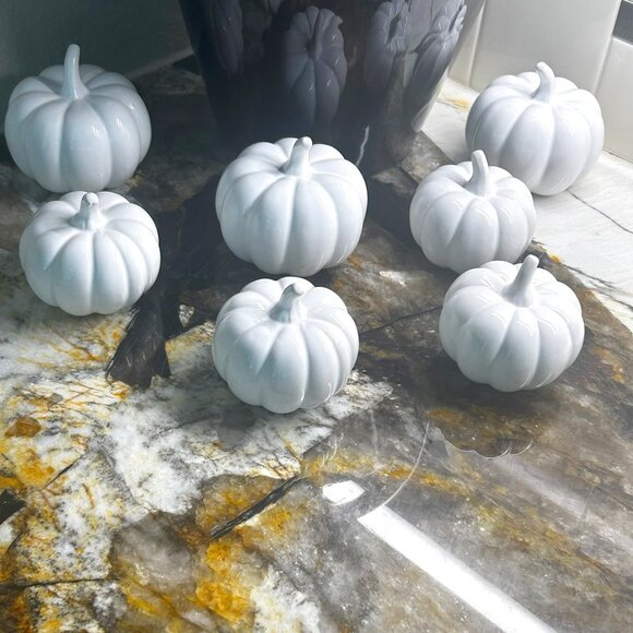 Thanksgiving Centerpiece Set Of 7 White Mini Ceramic Pumpkins - Picture 3 of 15